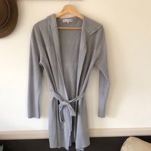 Light gray belted cardigan with hood